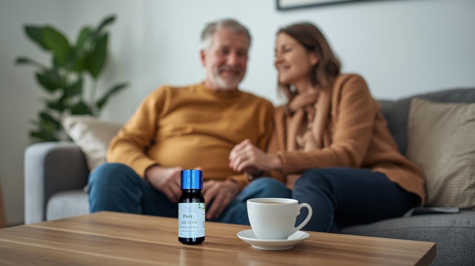 anziano su divano accanto alla figlia con boccetta di olio di cbd isolato per dolore cronico agrilab sul tavolo vicino a una tazza di the