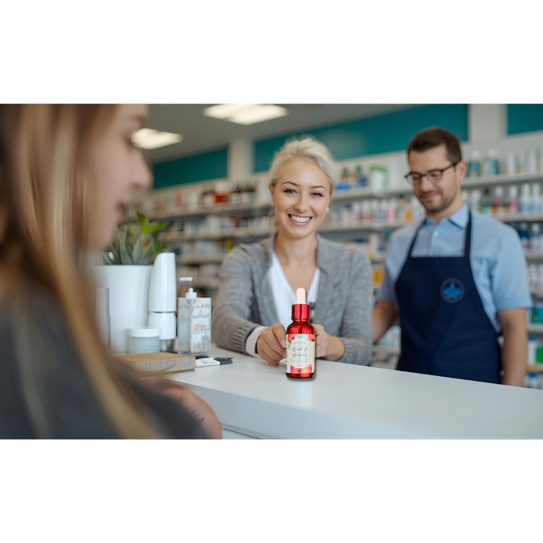 donna che acquista una boccetta di olio di cbd isolato agrilab in farmacia