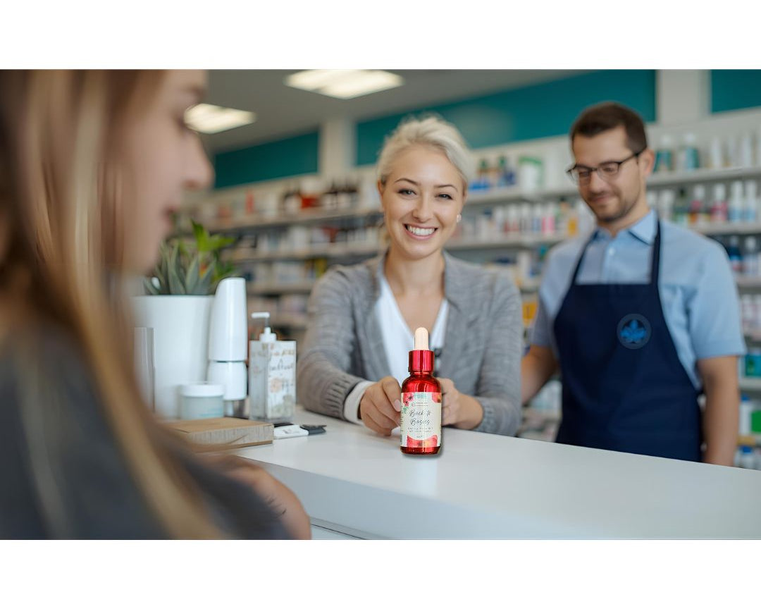 donna che acquista una boccetta di olio di cbd isolato agrilab in farmacia