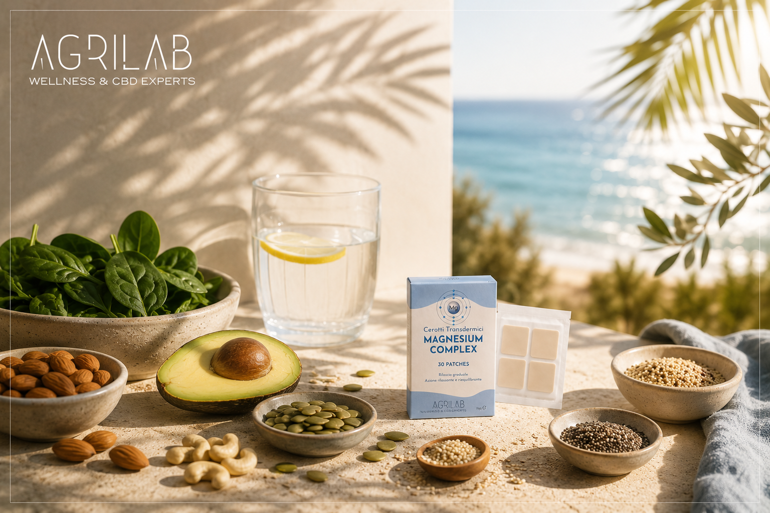 Cerotti Transdermici Magnesium Complex Agrilab con alimenti ricchi di magnesio - spinaci, mandorle, avocado, lenticchie, quinoa, cioccolato fondente - per affrontare il magnesio d'estate in vacanza al mare