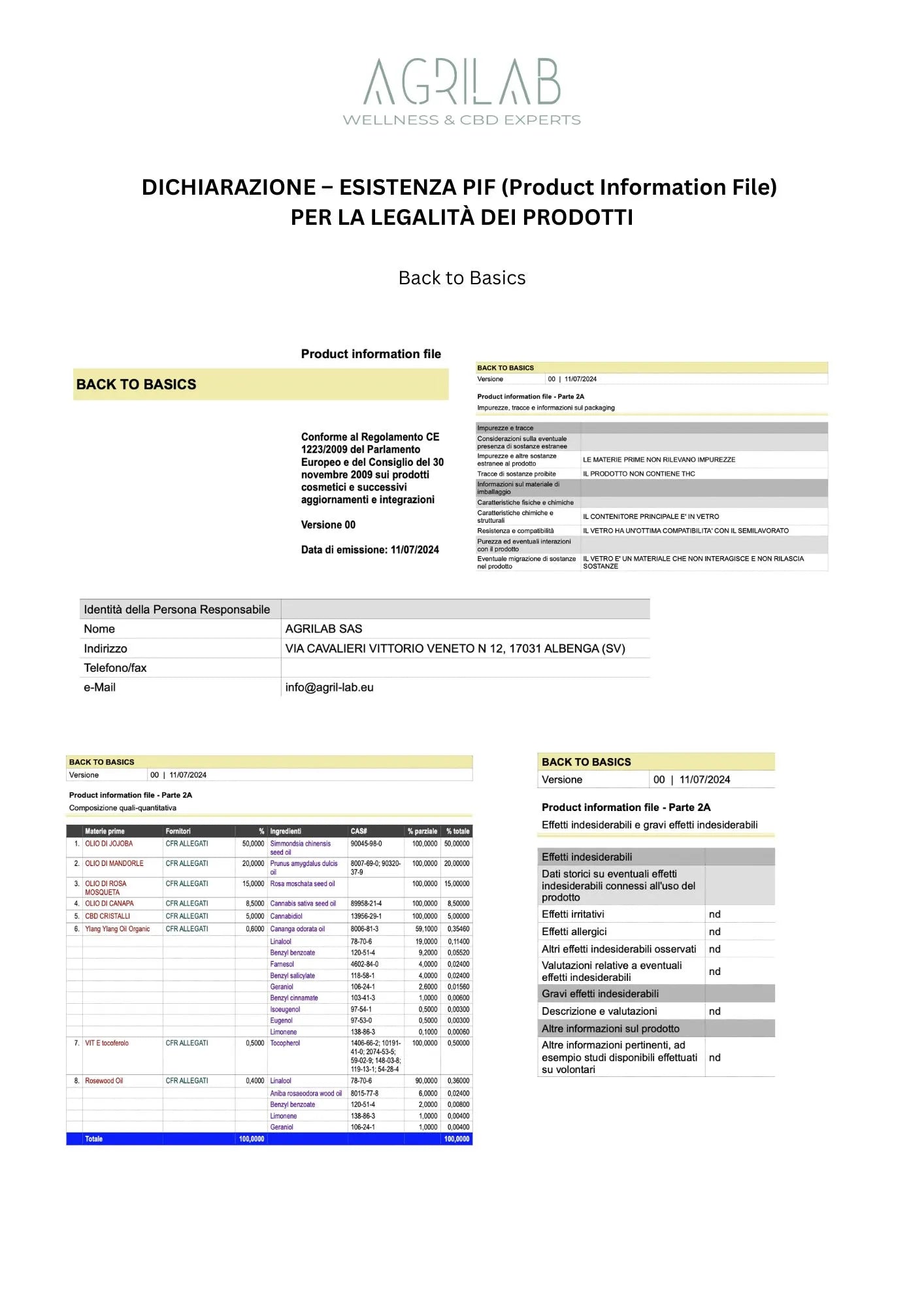 certificato production information file PIF olio di cbd isolato back to basics Agrilab