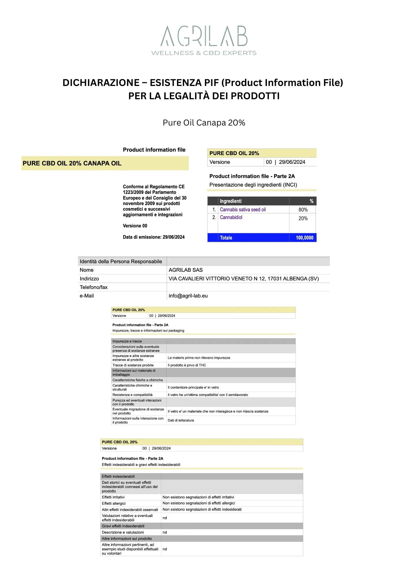 certificato production information file PIF olio di cbd isolato 20% canapa Agrilab