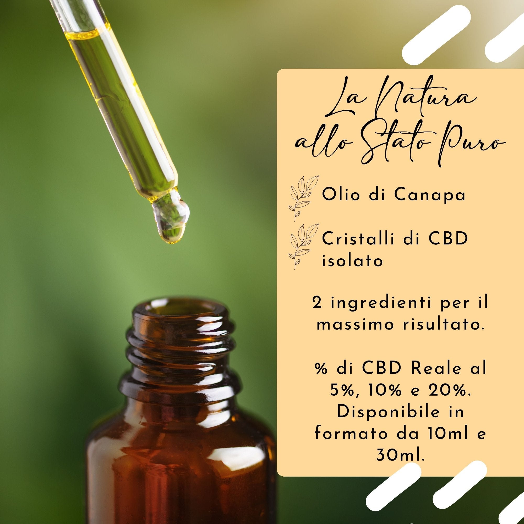 boccetta da 30 ml cristalli puri CBD olio vettore di canapa con infografica ingredienti e percentuali 