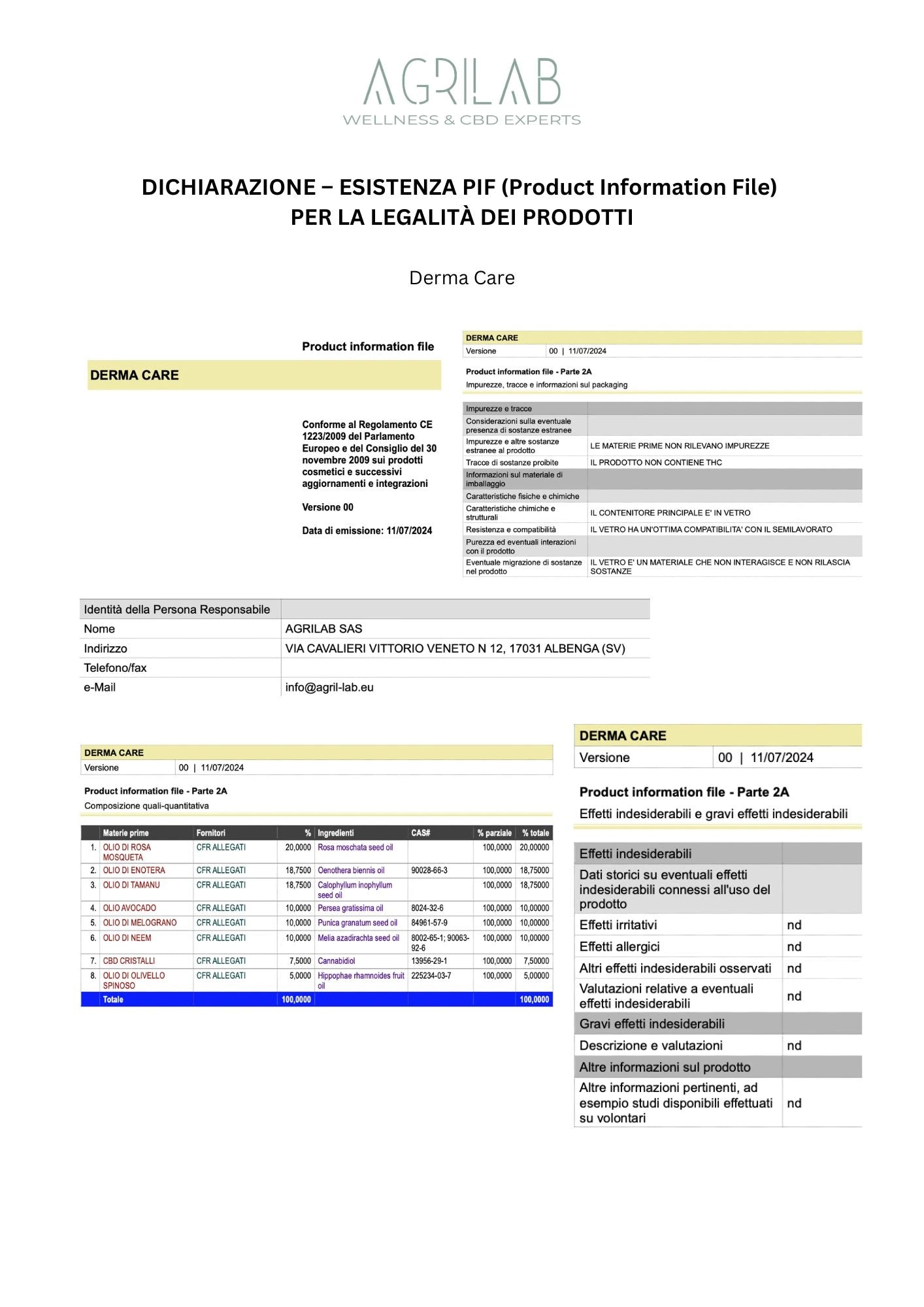certificato production information file PIF olio di cbd isolato derma care Agrilab