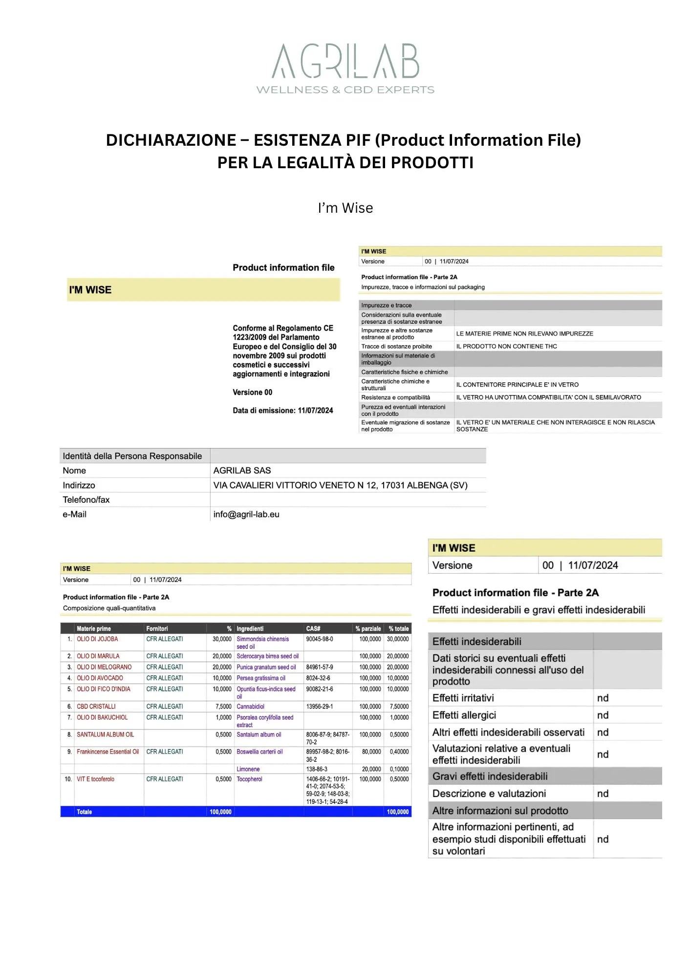 certificato production information file PIF olio di cbd isolato i'm wise Agrilab
