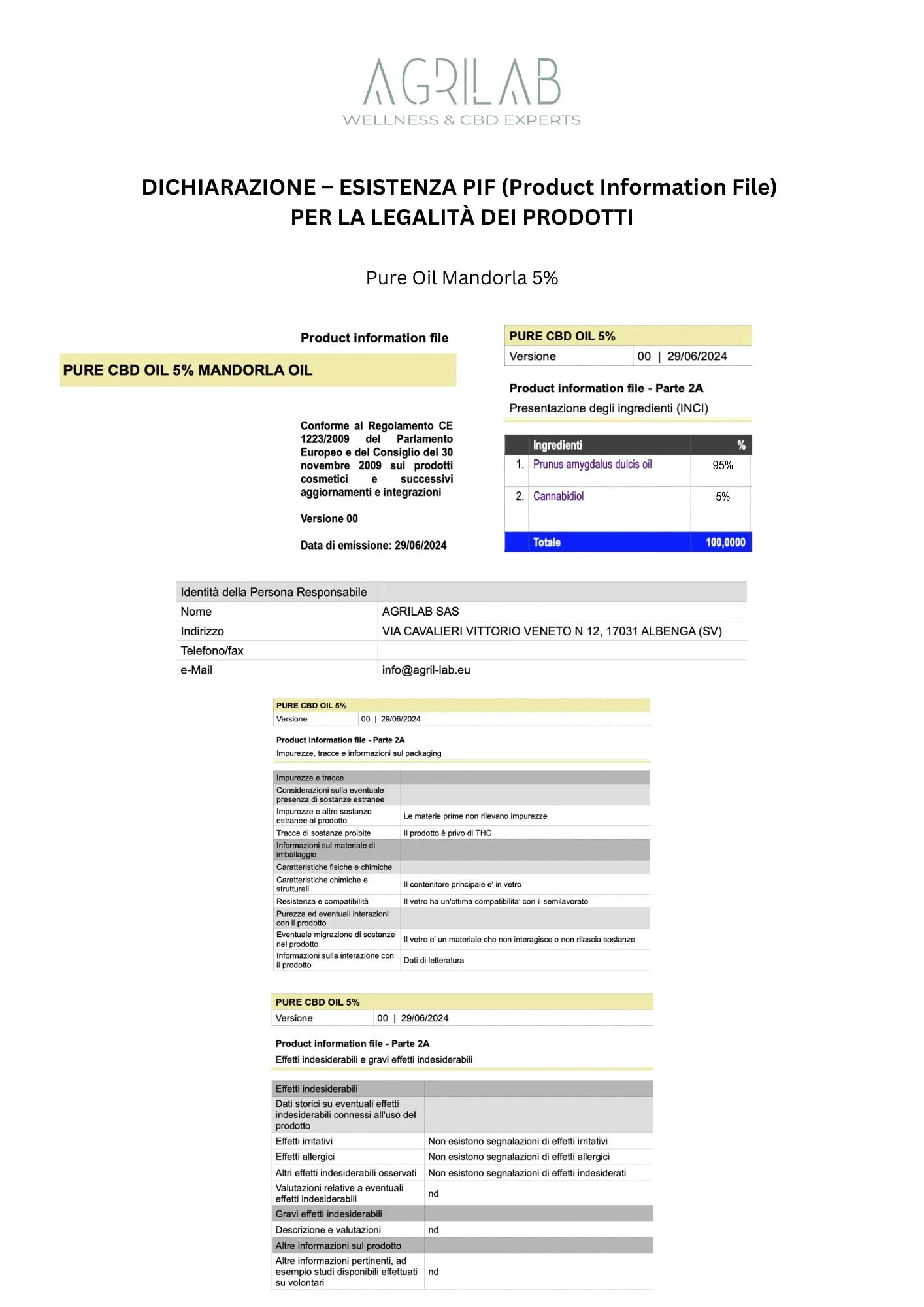 certificato di analisi pif olio di cbd isolato e mandorla agrilab