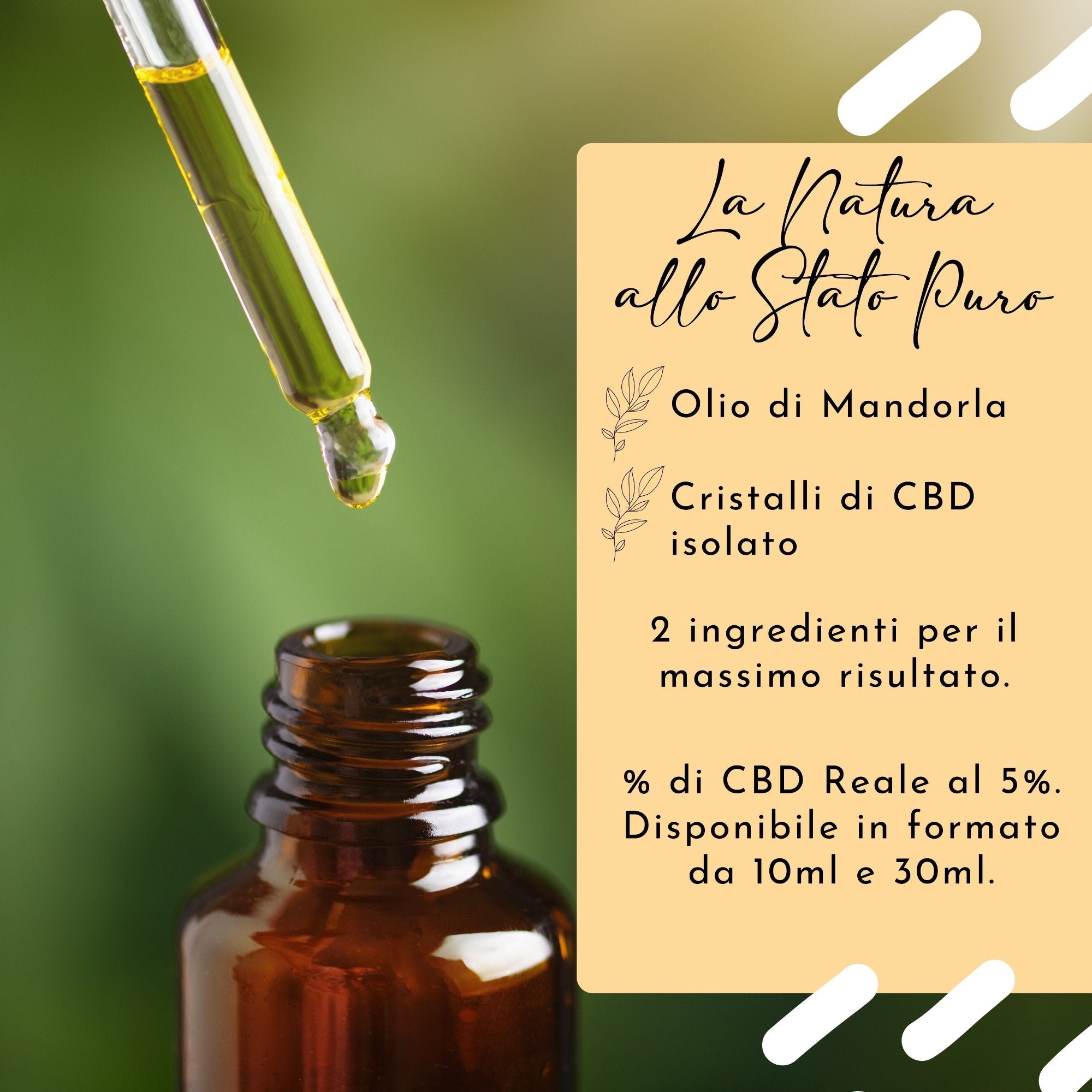 boccetta da 30 ml cristalli puri CBD olio vettore di mandorla con infografica ingredienti e percentuali 