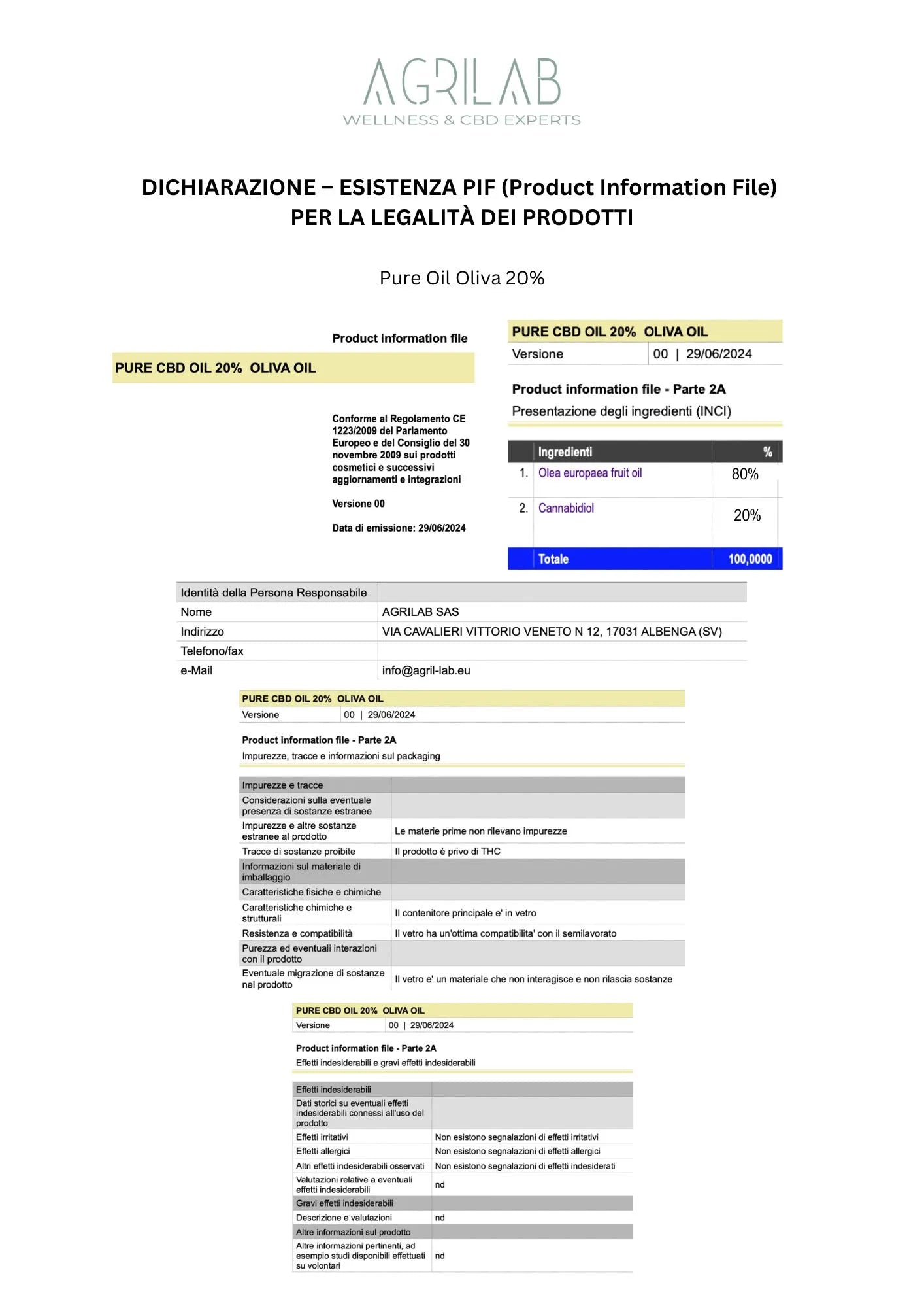 certificato production information file PIF olio di cbd isolato 20% Oliva Agrilab