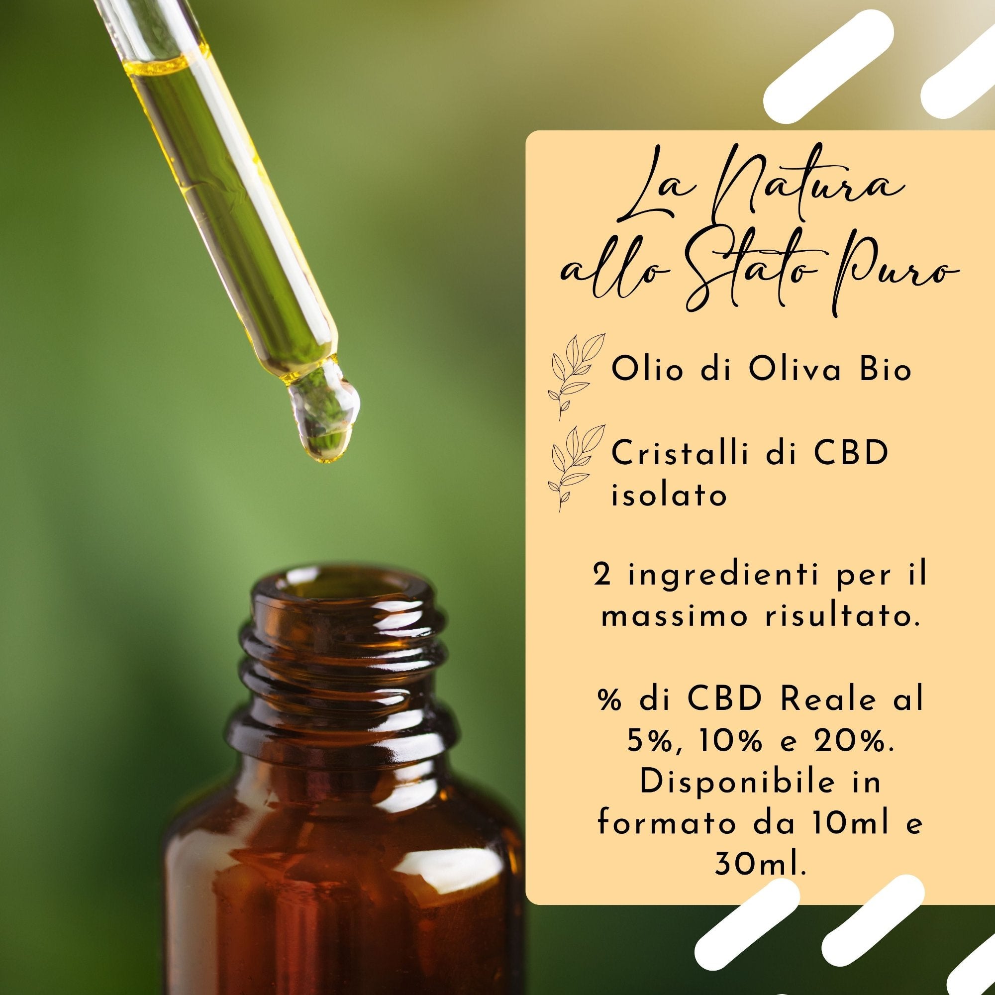 boccetta da 30 ml cristalli puri CBD olio vettore di oliva con infografica ingredienti e percentuali 