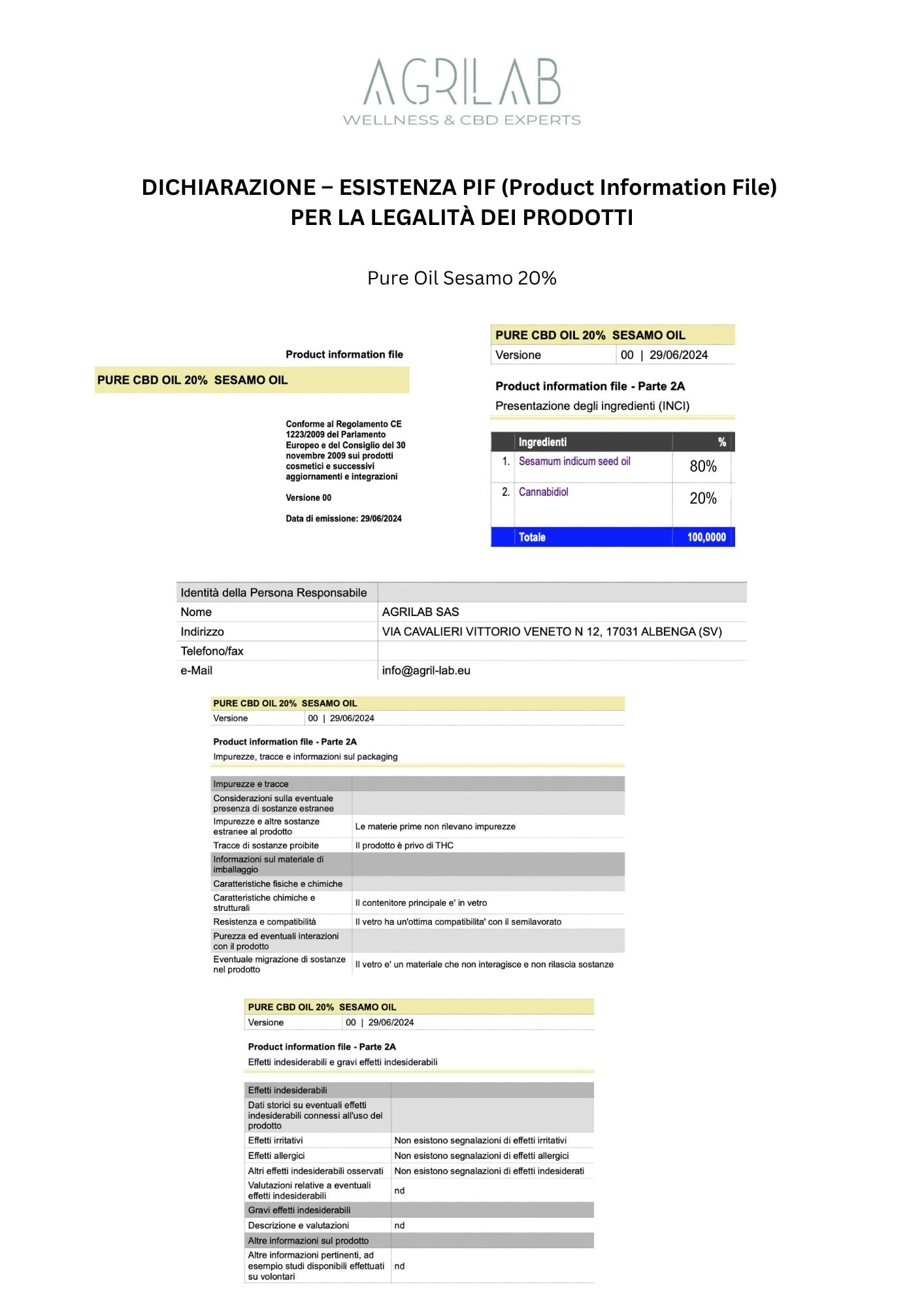 certificato production information file PIF olio di cbd isolato 20% sesamo Agrilab