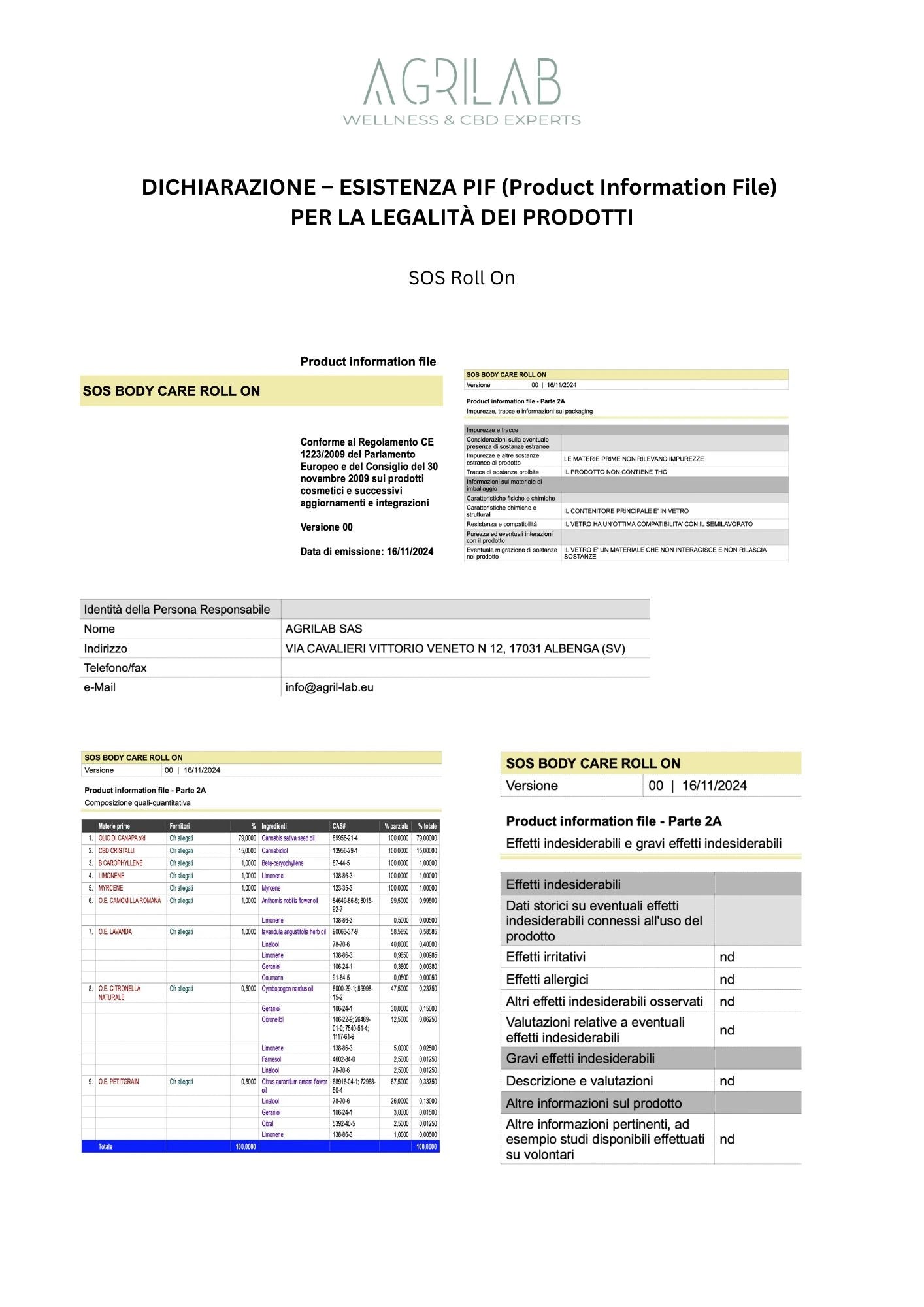 certificato production information file PIF olio di cbd isolato sos roll on Agrilab