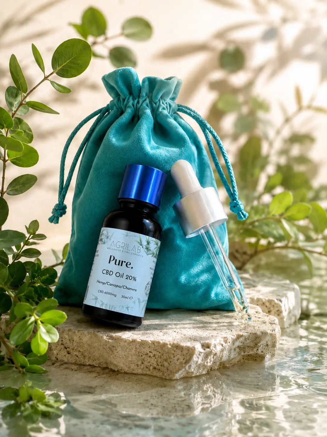 Olio di CBD 20% Agrilab Pure da 20ml con contagocce e pochette in velluto — 6000mg CBD isolato