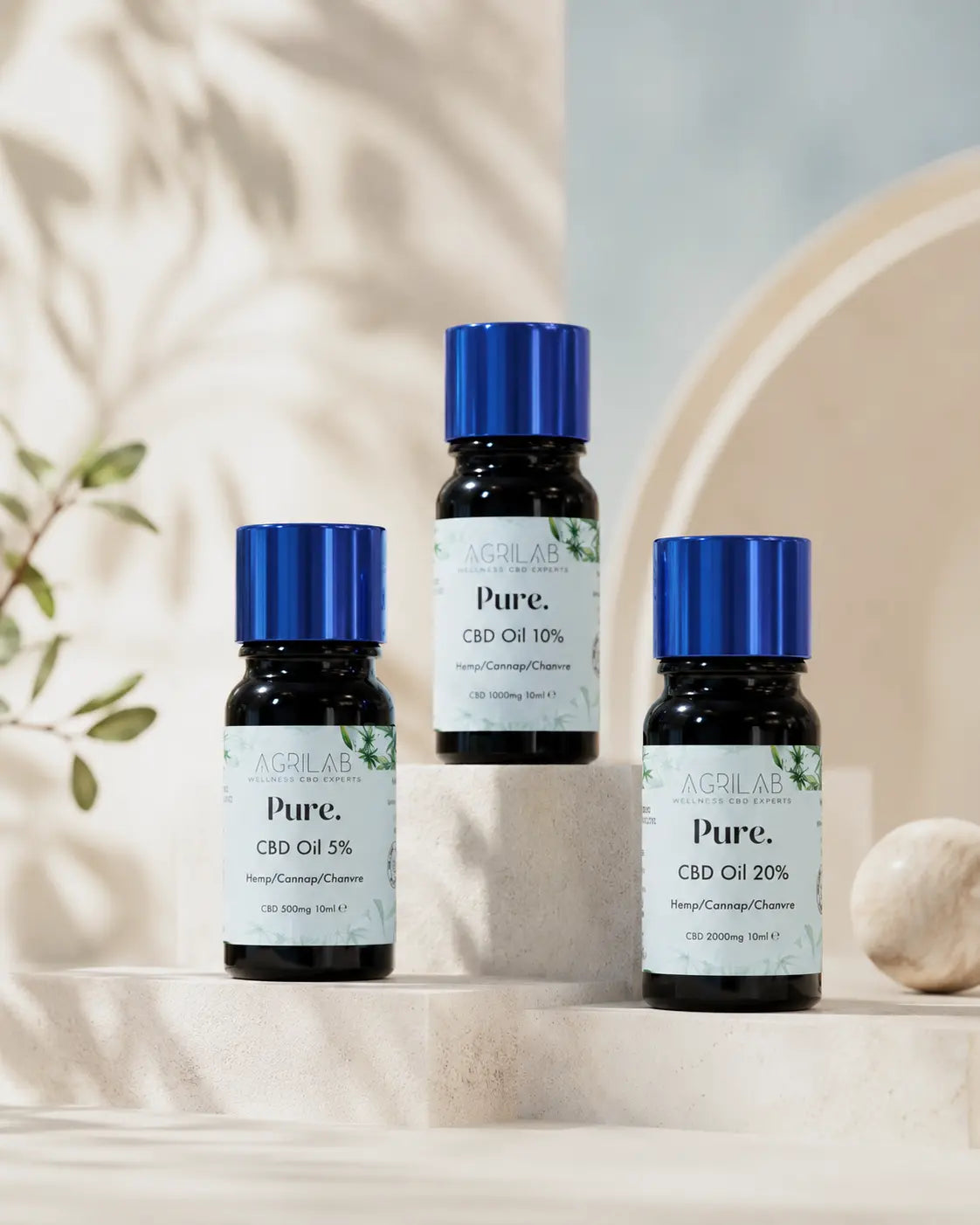 Olio di CBD Agrilab Pure nelle concentrazioni 5%, 10% e 20% — flaconi da 10ml in olio di canapa