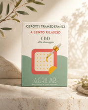 Cerotti CBD alto dosaggio AgriLab su marmo, patch transdermico antidolorifico per dolori muscolari e articolari