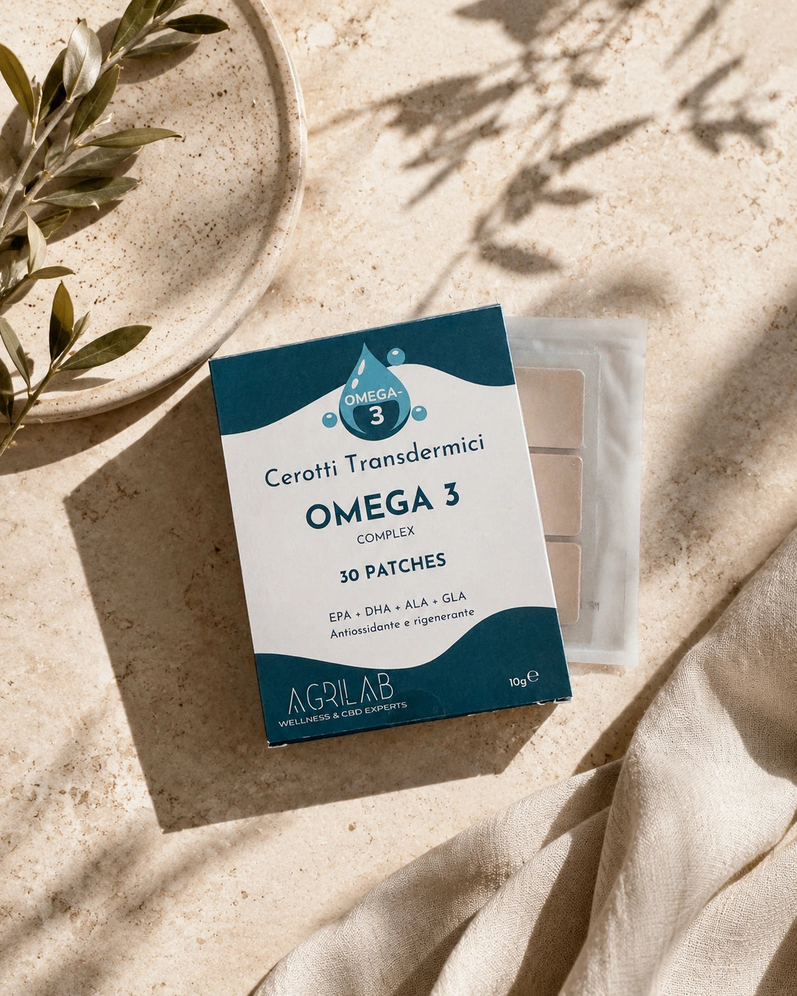 Confezione cerotti Omega 3 AgriLab , integratore transdermico antiossidante e rigenerante