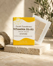 Cerotti Vitamina D3 K2 AgriLab su travertino, integratore transdermico per ossa e sistema immunitario