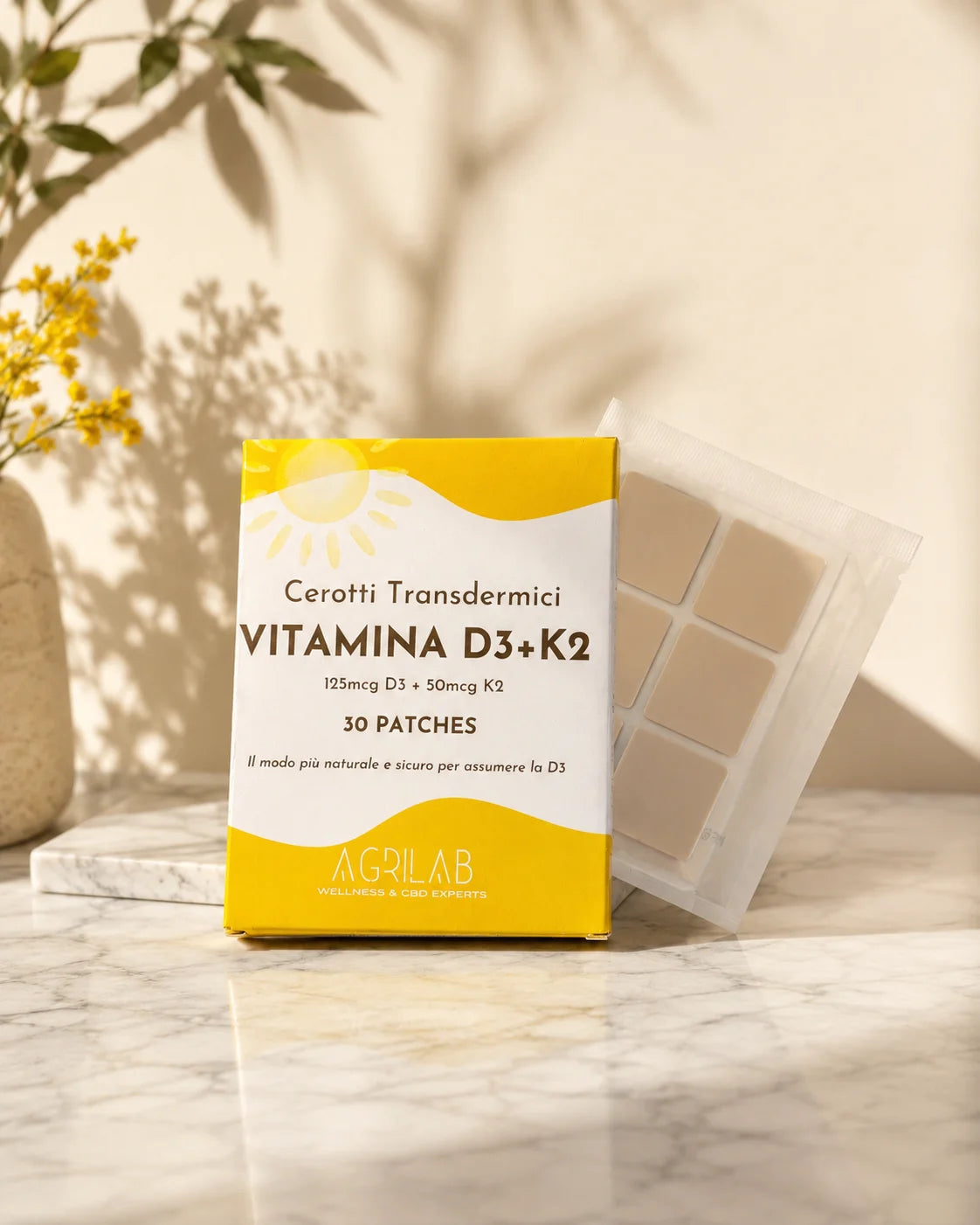 Cerotto transdermico Vitamina D3+K2 AgriLab, confezione da 30 patch con 125mcg D3 e 50mcg K2
