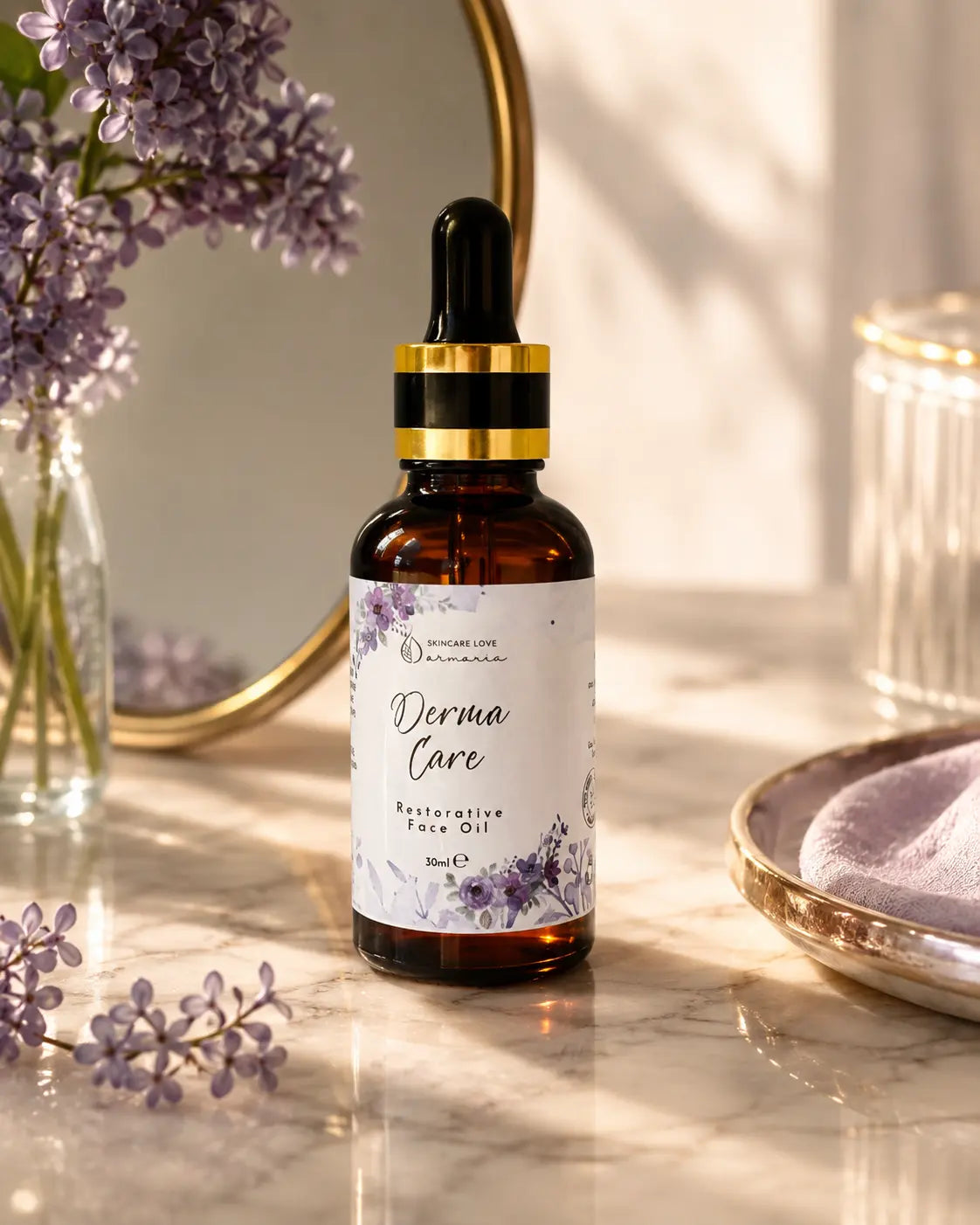 Olio viso Derma Care Armonia AgriLab su marmo, cosmetico al CBD puro per pelli infiammate e problematiche