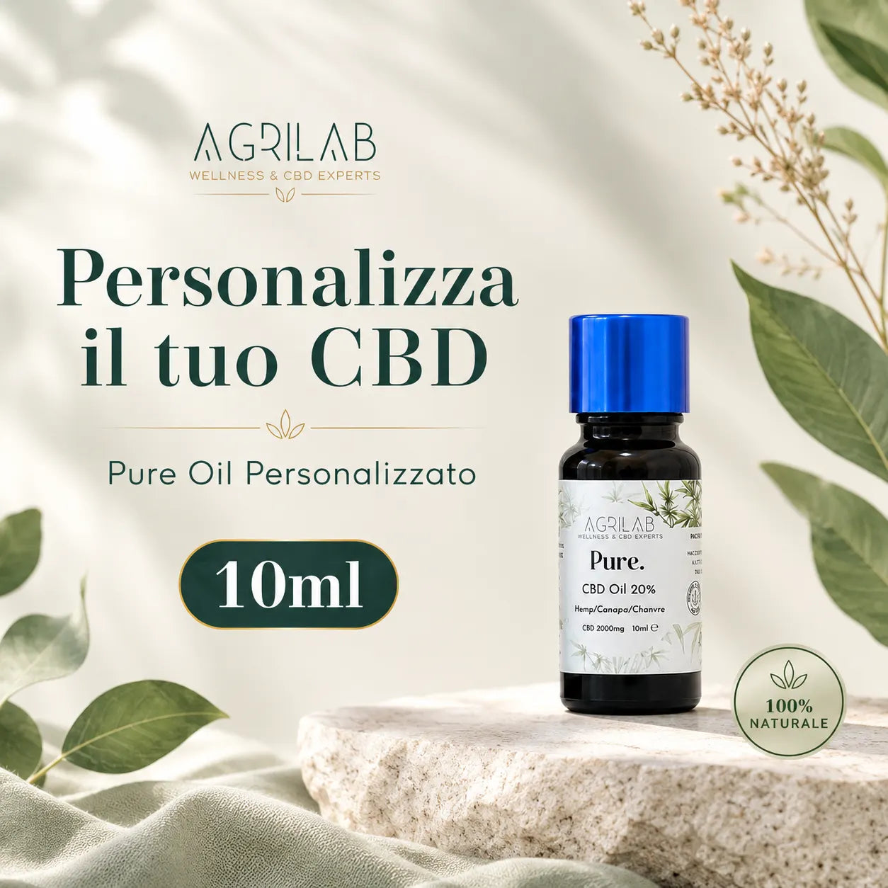 Pure Oil CBD 20% AgriLab 10ml, olio di CBD isolato personalizzabile 2000mg