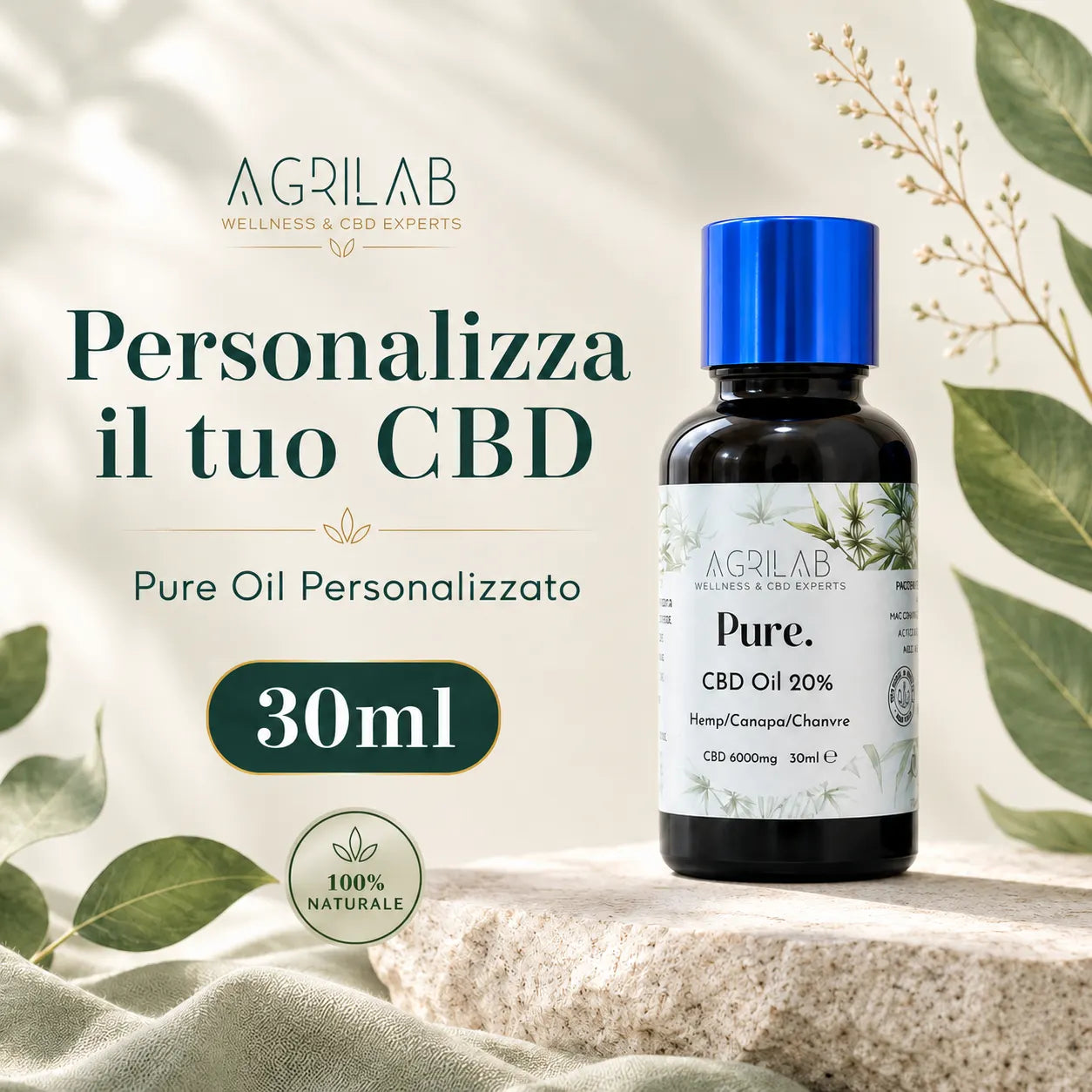 Pure Oil CBD 20% AgriLab 30ml, olio di CBD isolato personalizzabile 6000mg