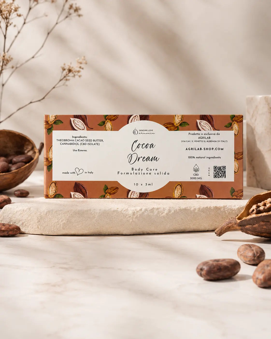 Ovuli cosmetici CBD Isolato Cocoa Dream AgriLab, confezione con burro di cacao e 300 mg di CBD per ovulo