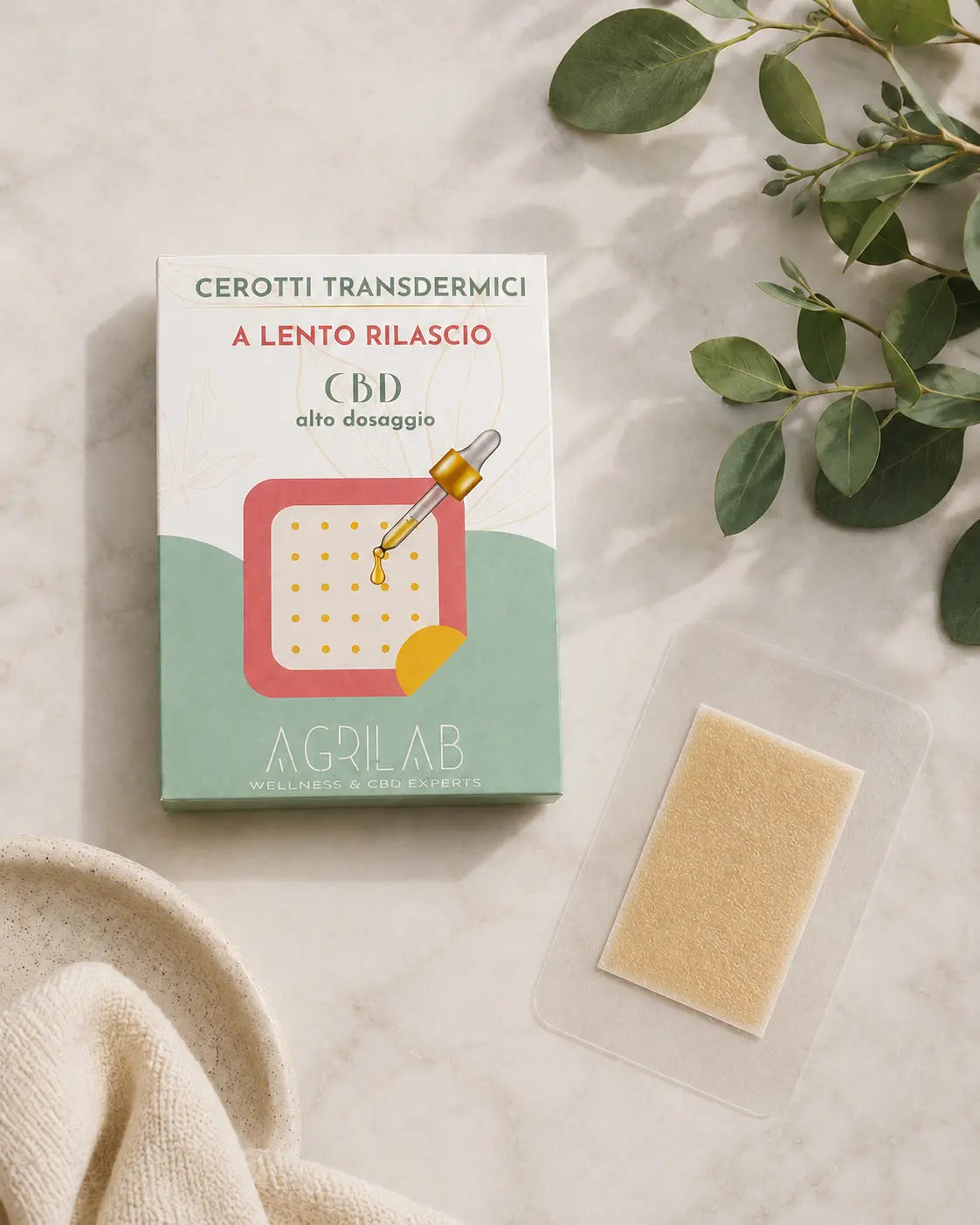 Dettaglio patch CBD Isolato 1000mg AgriLab, cerotto transdermico a lento rilascio per sollievo continuo