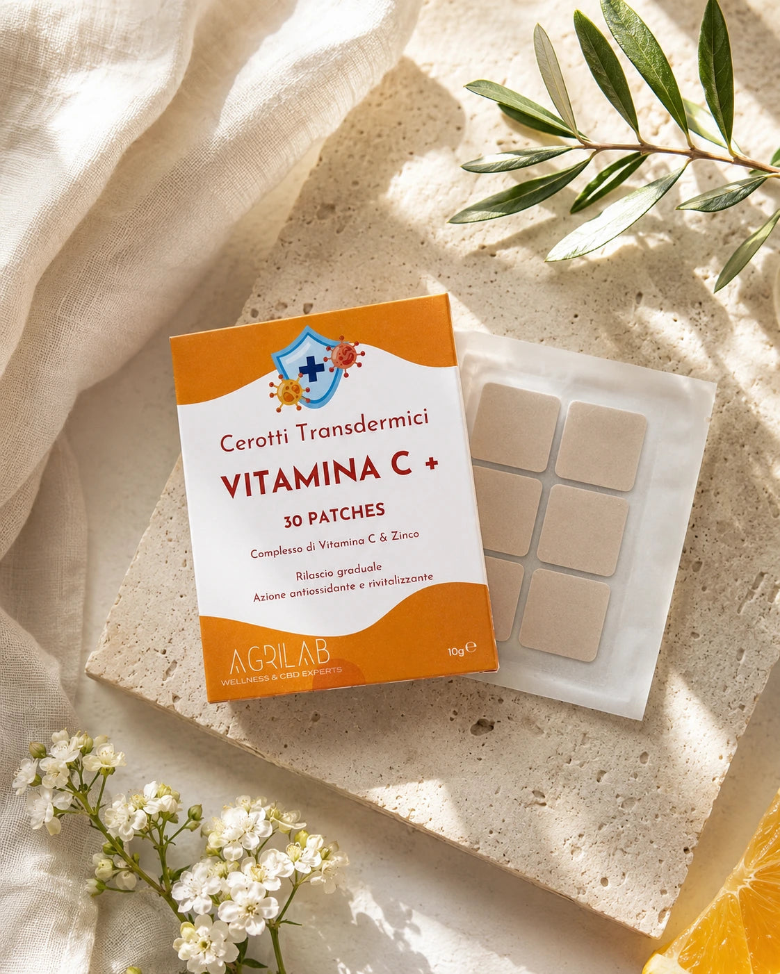 Dettaglio patch Vitamina C Plus AgriLab, cerotto transdermico per difese immunitarie e pelle