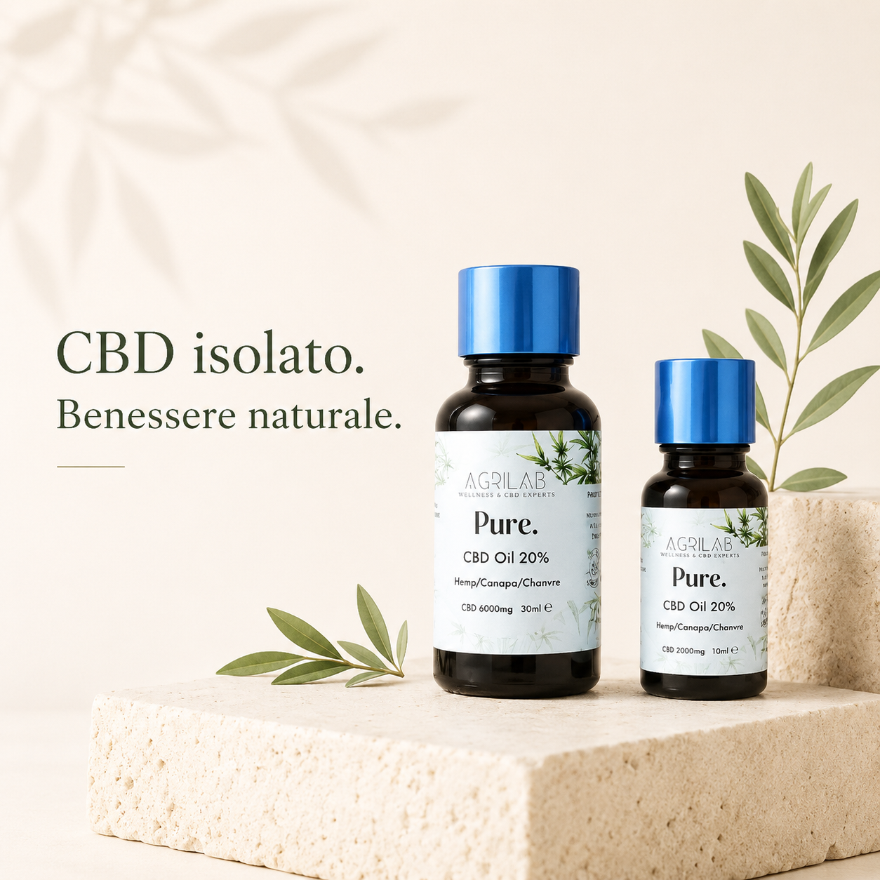 Pure Oil CBD isolato AgriLab, flaconi 10ml e 30ml per il benessere naturale puro